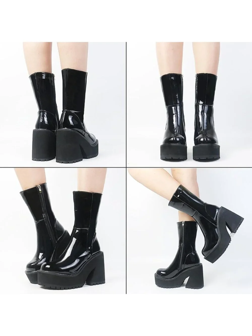Womens Black Rubber Wedge Heel Platform Mid Calf Zipper Round Toe Ankle Boots